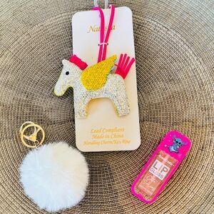 Girl’s Gift set bundle set Glittery Unicorn Bag Charm | Stitch lip gloss | pom